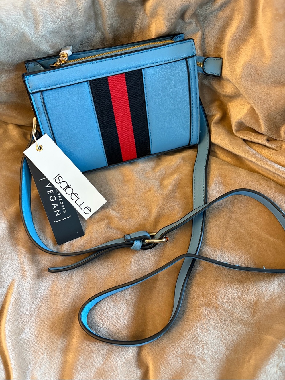 Vegan Blue Crossbody Bag with Red-Black Stripe